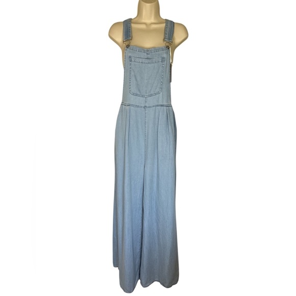 Blue Wide Leg Denim Overalls with Adjustable Straps - Picture 1 of 8